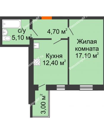1 комнатная квартира 40,8 м² в ЖК Шестое чувство, дом 2 очередь 2 позиция
