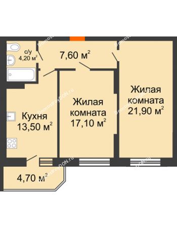 2 комнатная квартира 69 м² в ЖК Звездный-2, дом № 4