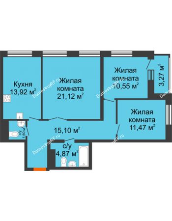 3 комнатная квартира 80,46 м² в ЖК Бунин, дом 1 этап, секции 11,12,13,14