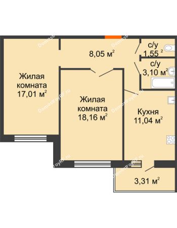1 комнатная квартира 43,56 м² в ЖК Берег Дона, дом Позиция 2