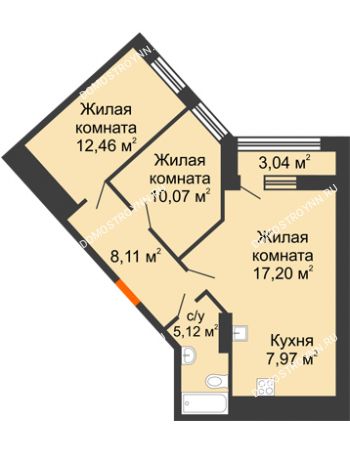2 комнатная квартира 62,45 м² в ЖК Дом на Набережной, дом № 1