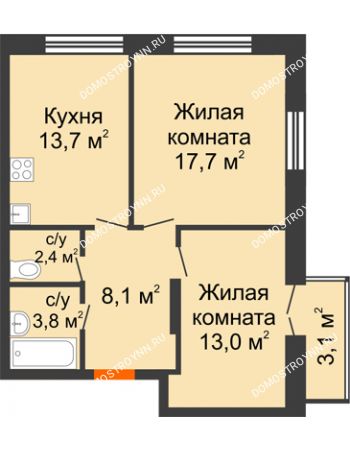 2 комнатная квартира 60 м² в ЖК Заречье, дом №1, секция 2
