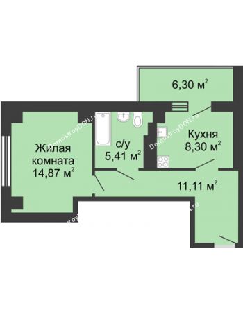 1 комнатная квартира 42,84 м² в ЖК Мега, дом № 116, секция 2