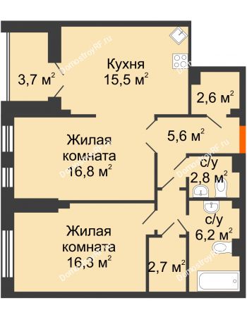 2 комнатная квартира 72,1 м² в КД Лобачевский, дом № 1