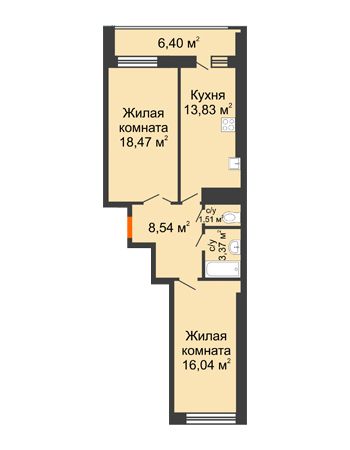 2 комнатная квартира 64,96 м² в ЖК Встреча, дом № 1