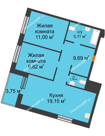 3 комнатная квартира 58,43 м² в ЖК Квартал на Московском, дом Альфа