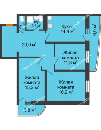 3 комнатная квартира 86,6 м² в ЖК Звезда Столицы, дом Литер 4