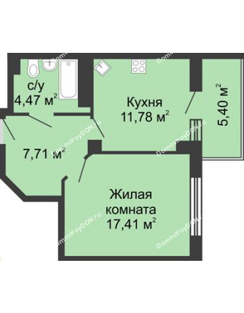 1 комнатная квартира 42,99 м² в ЖК Мега, дом № 116, секция 2