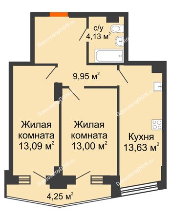 2 комнатная квартира 55,93 м² в ЖК Рубин, дом Литер 3