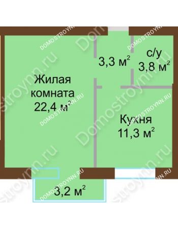 1 комнатная квартира 42,05 м² - ЖД по ул. Дворовая