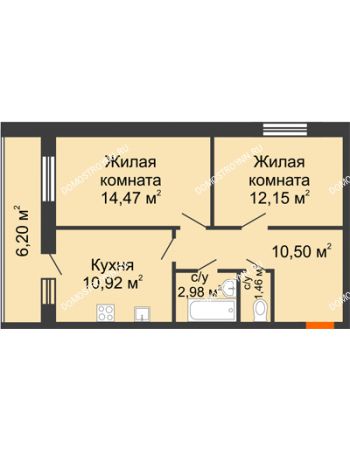 2 комнатная квартира 58,72 м² в ЖК Добрый, дом № 1