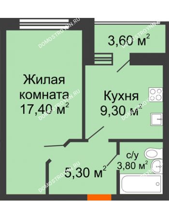 1 комнатная квартира 37,6 м² в ЖК Цветы, дом № 22-2