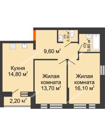 2 комнатная квартира 60,1 м² в ЖК НОРД-Премьер, дом № 13